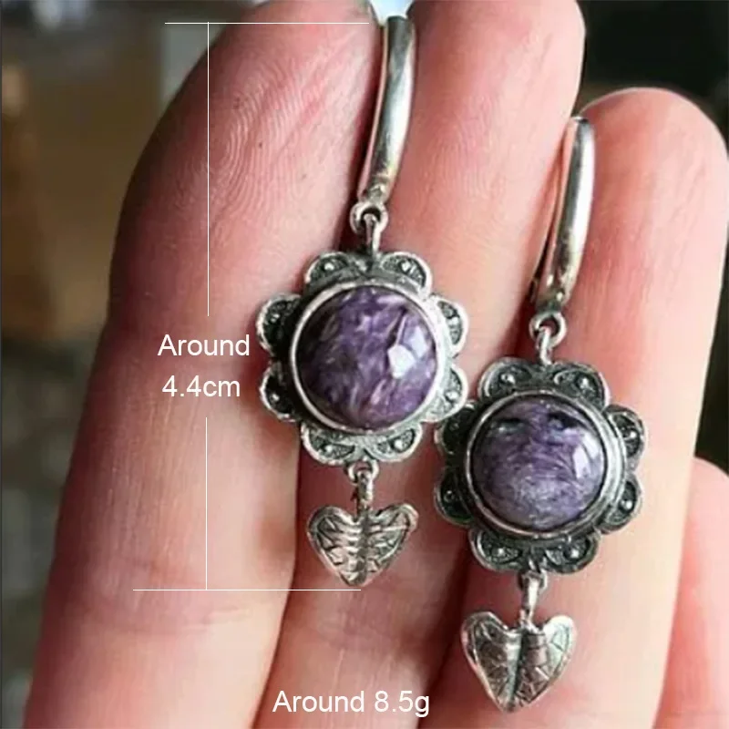 Antique Elegant Purple Color Stone Leaf Flower Dangle Earrings For Woman Jewelry Party Girls Earrings 2023 New Custom Jewelry