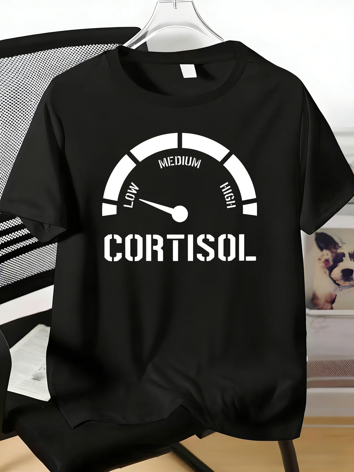 Male Round Neck Cotton T Shirt Funny Cortisol Level Speedometer Print Short Sleeve Mental Health Humor Urban Daily Street Tees