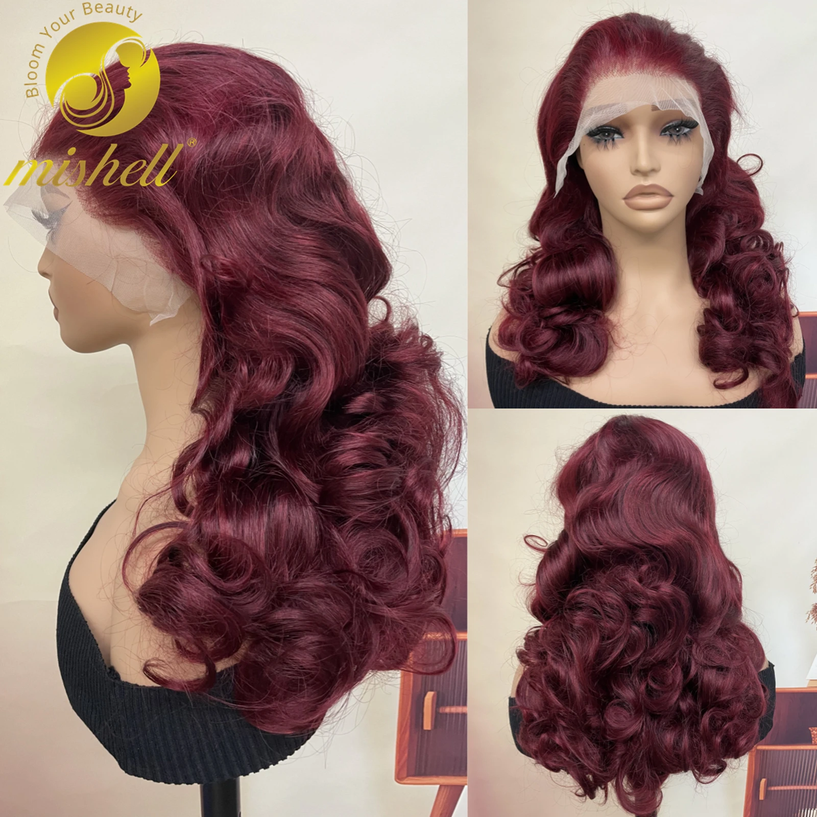 

Burgundy 13x4 Lace Front Fumi Bouncy Curly Remy Human Hair Wigs 250% Density Loose Wave Hair Wigs with Baby Hair for Black Women