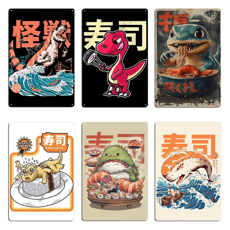 Dinosaurier-Sushi-Nigiri Kawaii Neko Anime Japanischer Druck Kleines Monster beim Ramen essen Metall-Design Küchenbar Höhlen-Blechschild Poster