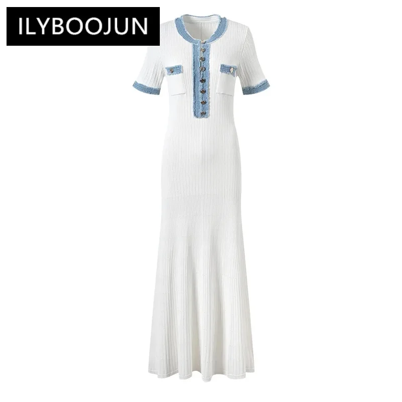 

New Arrival O-neckline Women Knitted 2024 Spring Summer Elegant Short Sleeve Bodycon Ladies Fashion Single-breasted Maxi Dresses