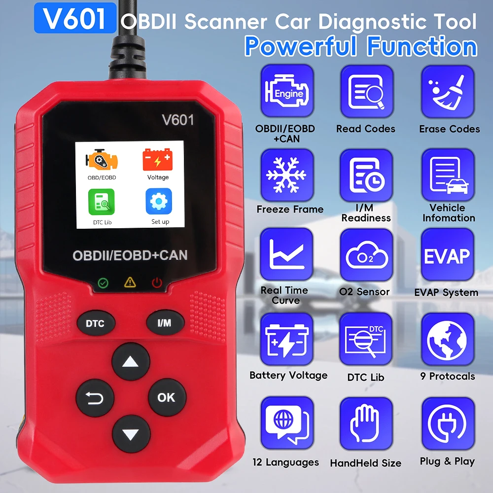 محرك obd 2 الماسح الضوئي obdii/EOBD أداة مسح ضوئي تشخيصي ODB2 رمز القارئ أداة تشخيص السيارة obd2 الماسح الضوئي V601 متعدد اللغات