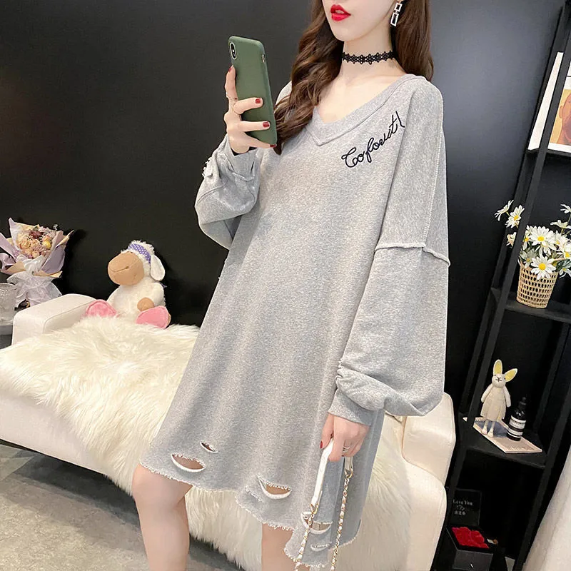 Autumn V Neck Hole Letters Oversized Streetwear Cotton Female Sweatshirt Casual Loose Long Sleeve Pullovers Tops Women Clothing