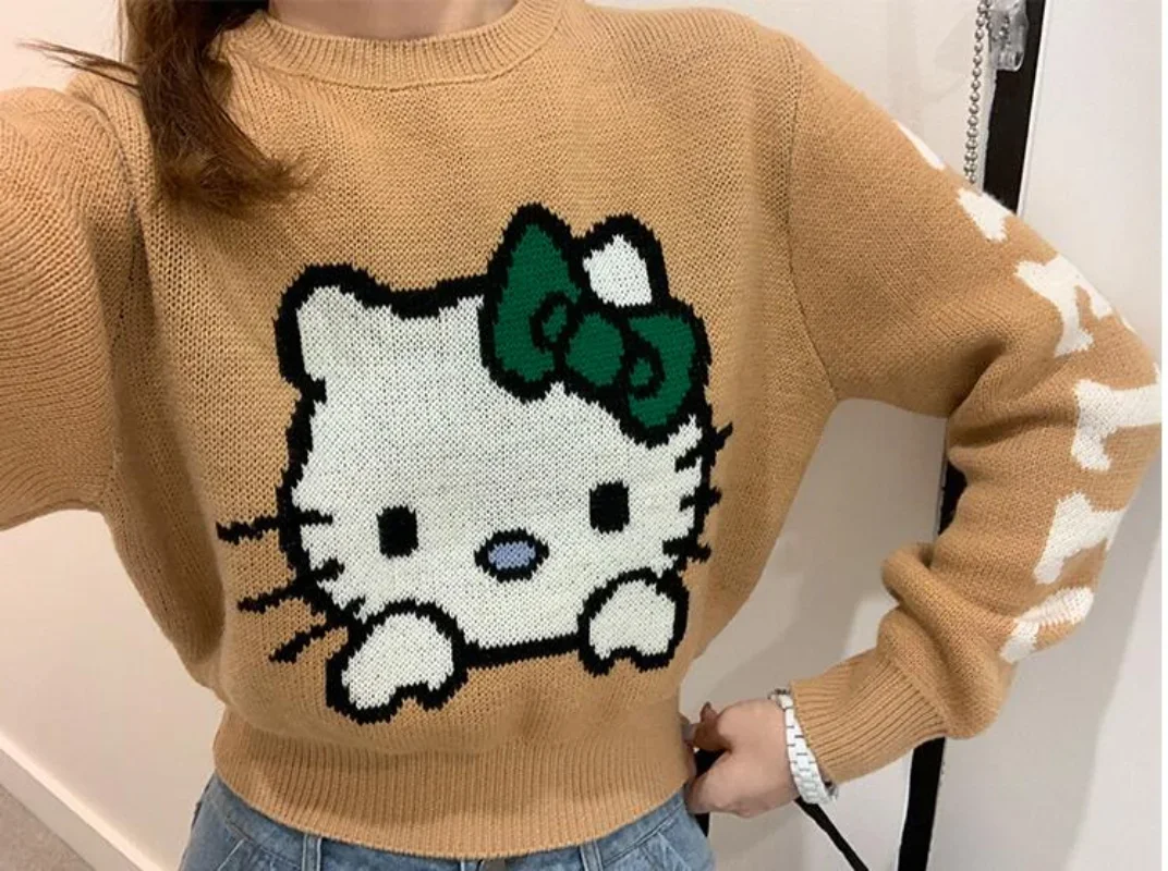 Sanrio primavera autunno maglione Kawaii Hello Kitty Cartoon Print Lolita Girl Pullover Harajuku maglione lavorato a maglia da donna a maniche lunghe