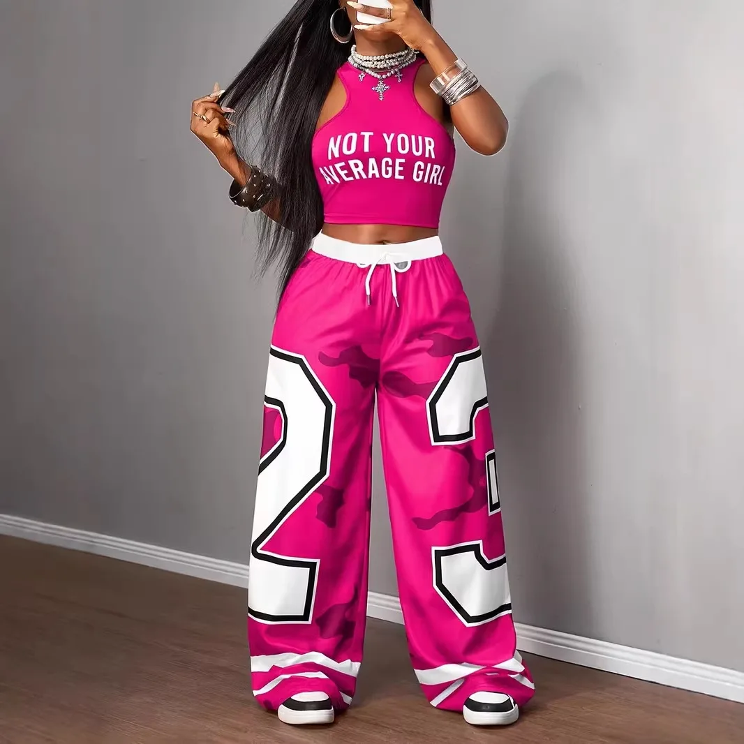 Women's Y2K vibrant pink 2-piece letter cut vest camouflage wide leg pants set hip-hop streetwear sportswear