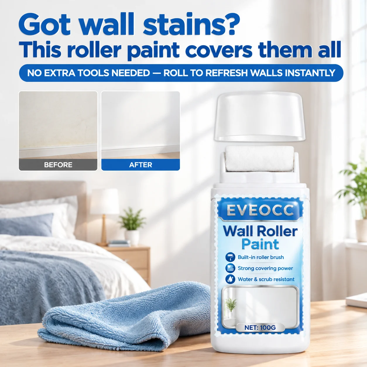 EVEOCC Wall Roller Paint 100g Built-in Roller Brush Wall Repair Paint Strong Covering Power Water Resistant