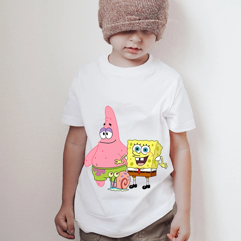 SpongeBob SquarePants printed kids T-shirts summer children's cotton short sleeves suitable for boys and girls white casual tops