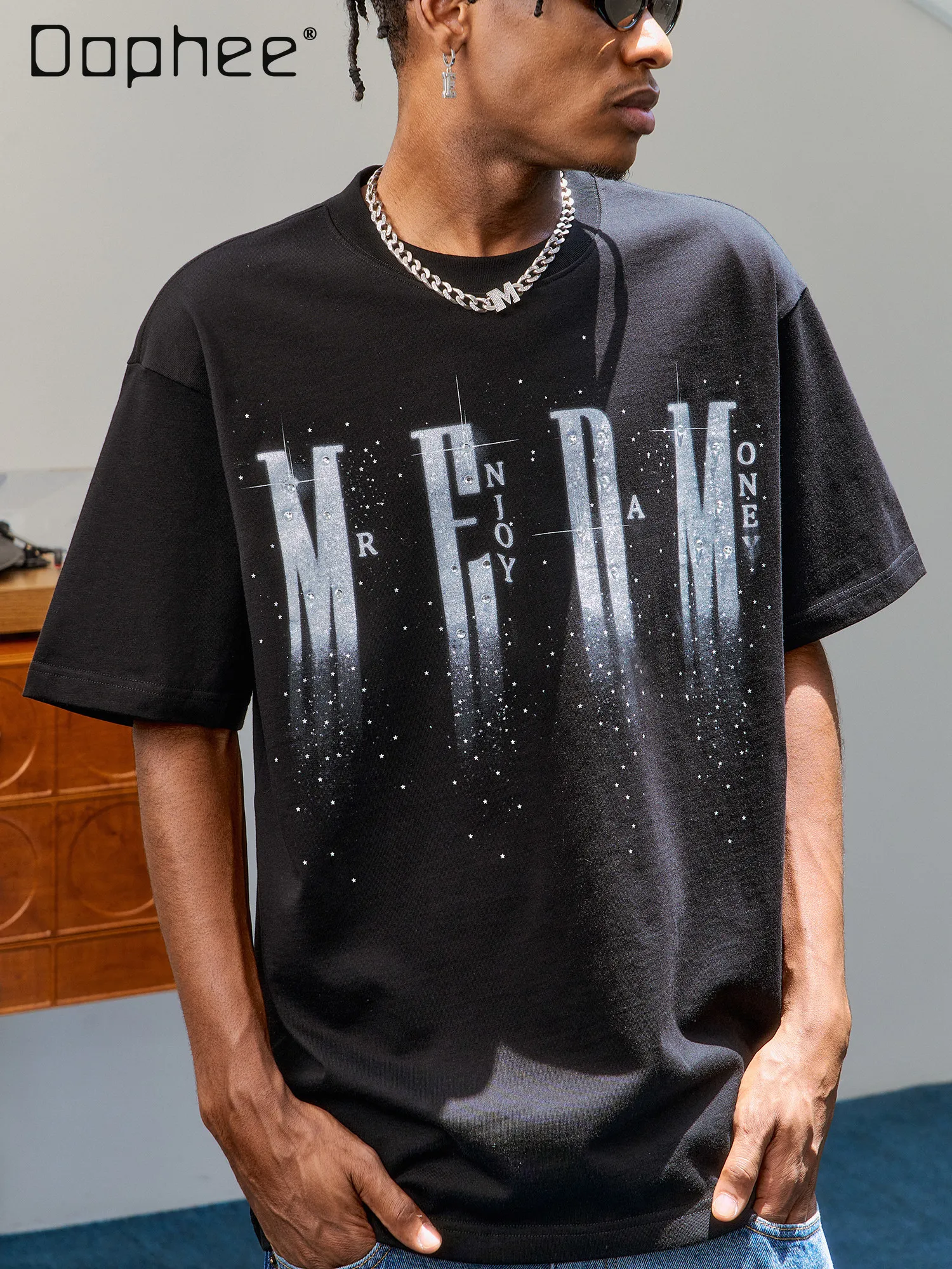 

2026 Summer New Cool Men Black White Letter Flash Rhinestone Print Loose Casual Round Neck Short Sleeve Streetwear T-shirt