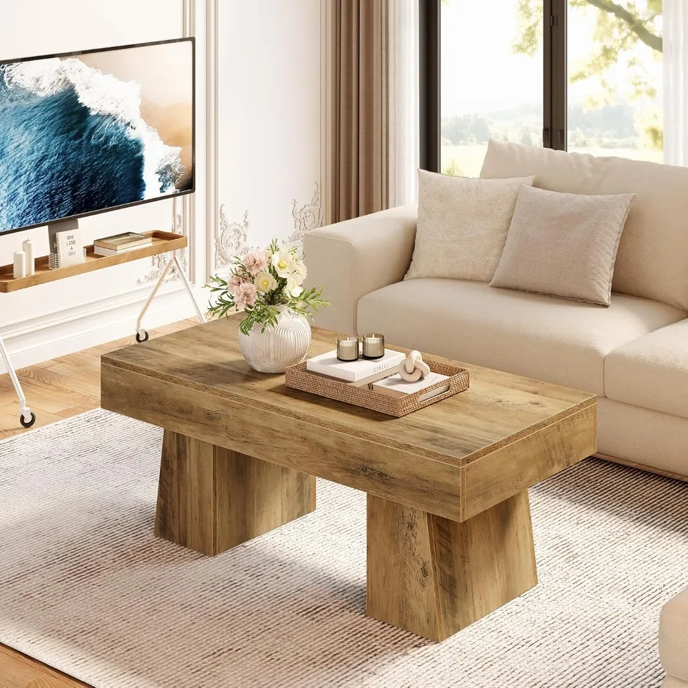 TREE Farmhouse Coffee Table, 47 Inches Wooden Rectangular Accent Center Tables with Thick Base, Modern Low Cocktail Tea F
