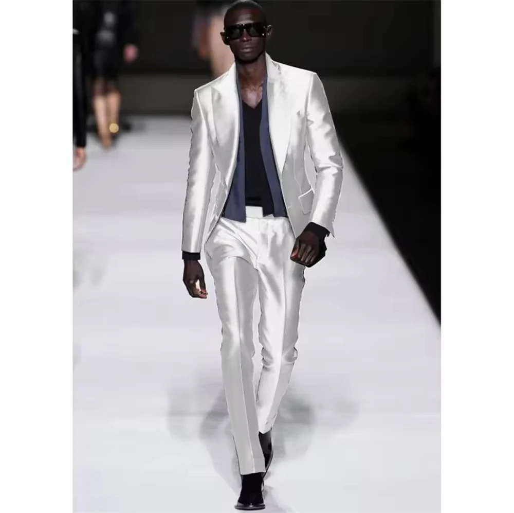 

Men's Suits 2 Pcs Satin Single Breasted Peak Lapel Formal Suits Wedding Stage Slim Fit Elegant Male Suit (Jacket+Pants)