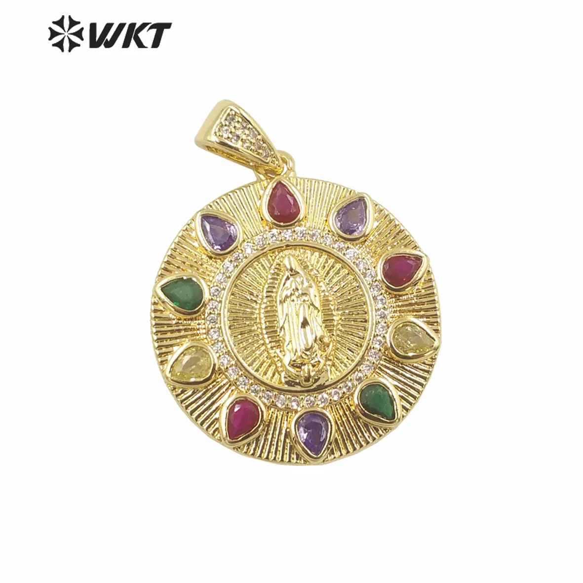 

WT-MP282 Amazing Unique Round Plate Colorful Cubic Zircon Virgin Mary Jewelry Pendant For Necklace In 10PCS