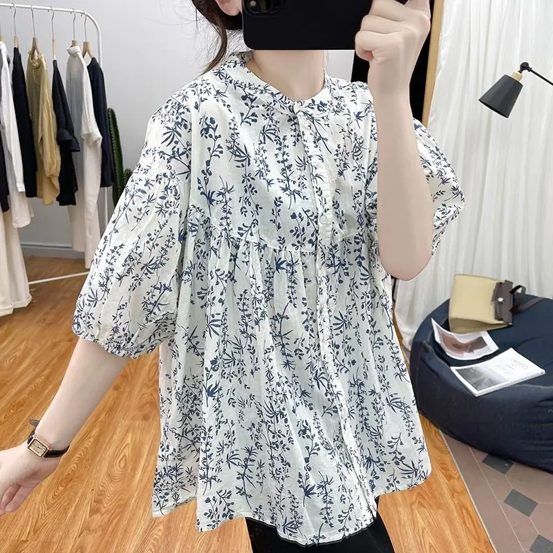 Women\'s Clothing Vintage Printed Blouse Korean Single-breasted Summer Commute Half Sleeve Round Neck Fashion Spliced Loose Shirt