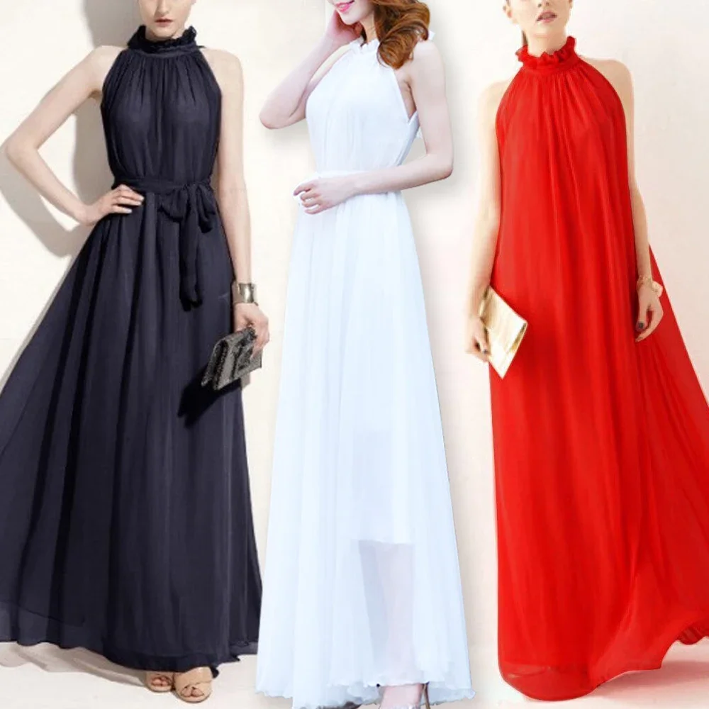 Chiffon Bandage Long Dress Boho Maxi Dress Women Sleeveless Pleated Maxi Dress Female Sheath Midi Dresses Womens A RAN A YUE