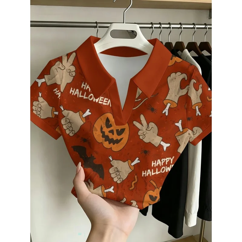 Women's V Neck Short Sleeve Polo Shirt, Vintage Happy Halloween Pumpkin Zombie Hand Print Casual Top