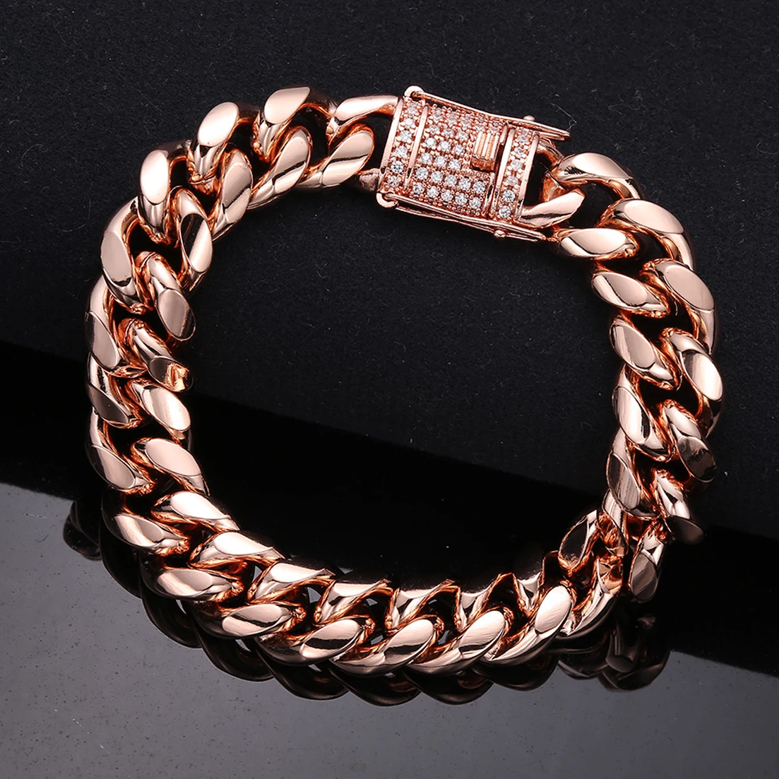 Granny Chic Stainless Steel Rose Gold Tone Women Men's Miami Cuban Link Chain Bracelet with CZ Lock 10mm/14mm Width