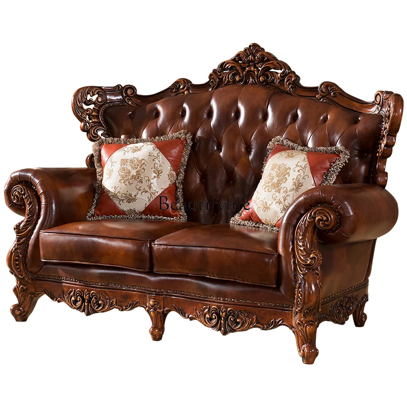 American solid wood sofa combination European leather sofa 123 retro villa carved sofa