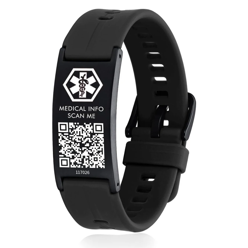 

Настраиваемая идентификация с QR-кодом. Силиконовый регулируемый браслет медицинской сигнализации. Текст динамической сети.