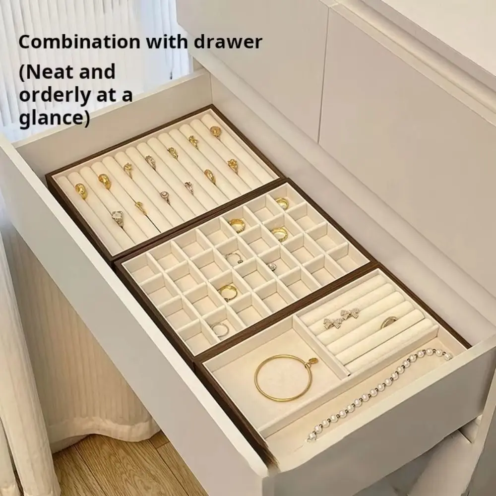 Multi-Compartment Wooden Jewelry Display Tray Solid Wood Flat Bottom Earrings Storage Holder Space Saving Velvet Lining