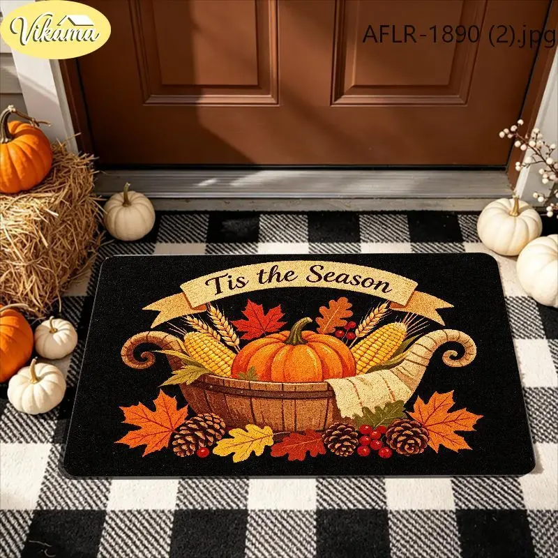 VIKAMA Tis the Season Festive Doormat Cornucopia Basket Fall Harvest Autumn Welcome Mat Entryway Rug Front Porch Decor
