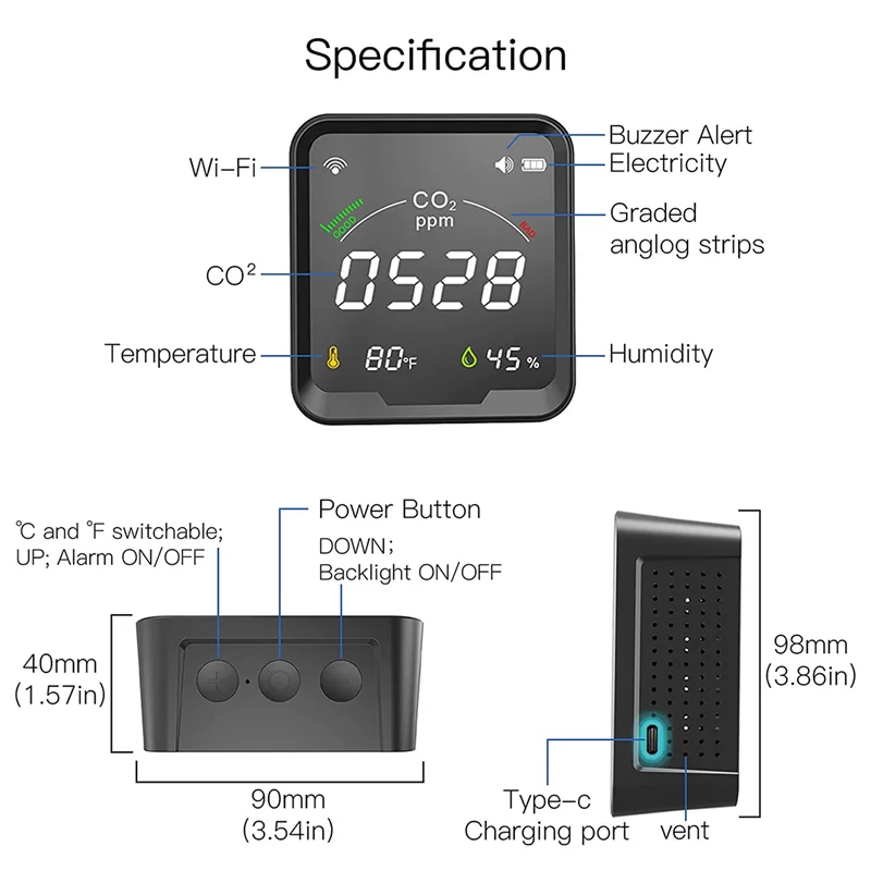 

HFES CO2 Detector, Indoor Air Quality Monitor, NDIR Sensor Carbon Dioxide Detector, Temperature Humidity Air Tester