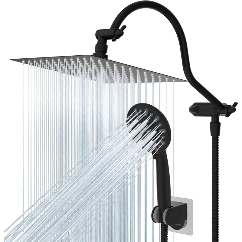 All Metal High Pressure Rainfall 10 Inch Shower Head/Handheld Showerhead Combo/ 12 Inch Adjustable Curved Shower