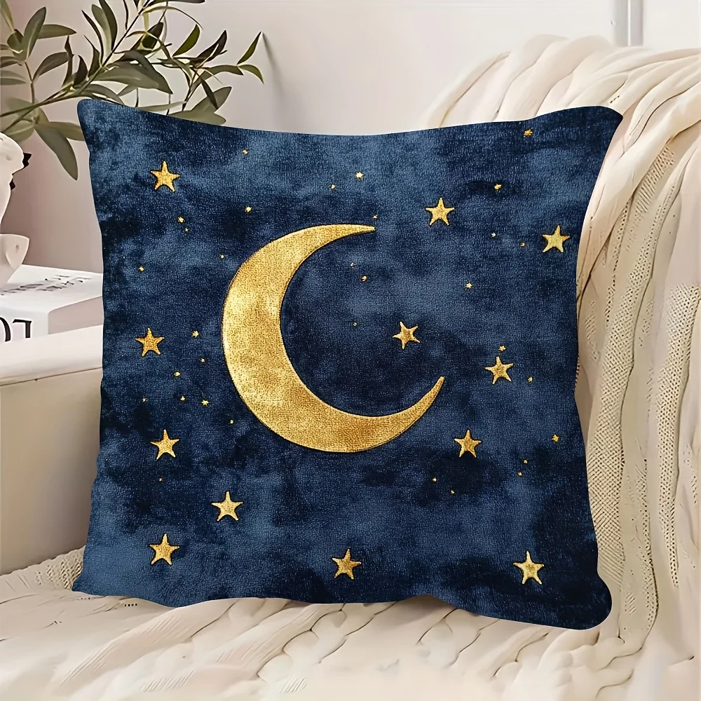 1pc Celestial Moon Star Throw Pillow Cover Polyester 2D Double-Sided Print for Sofa Bedroom Living Room Decor Celestial Gift