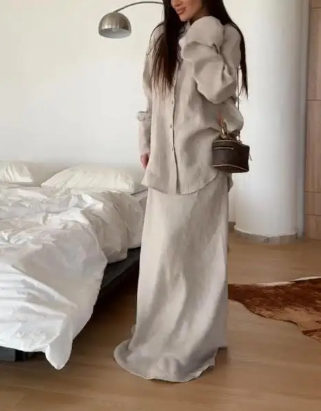 Women's 2025 Autumn/Winter New Solid Color Loose Long Sleeve Shirt High Waist Half Skirt Fashion Set Women's Clothing