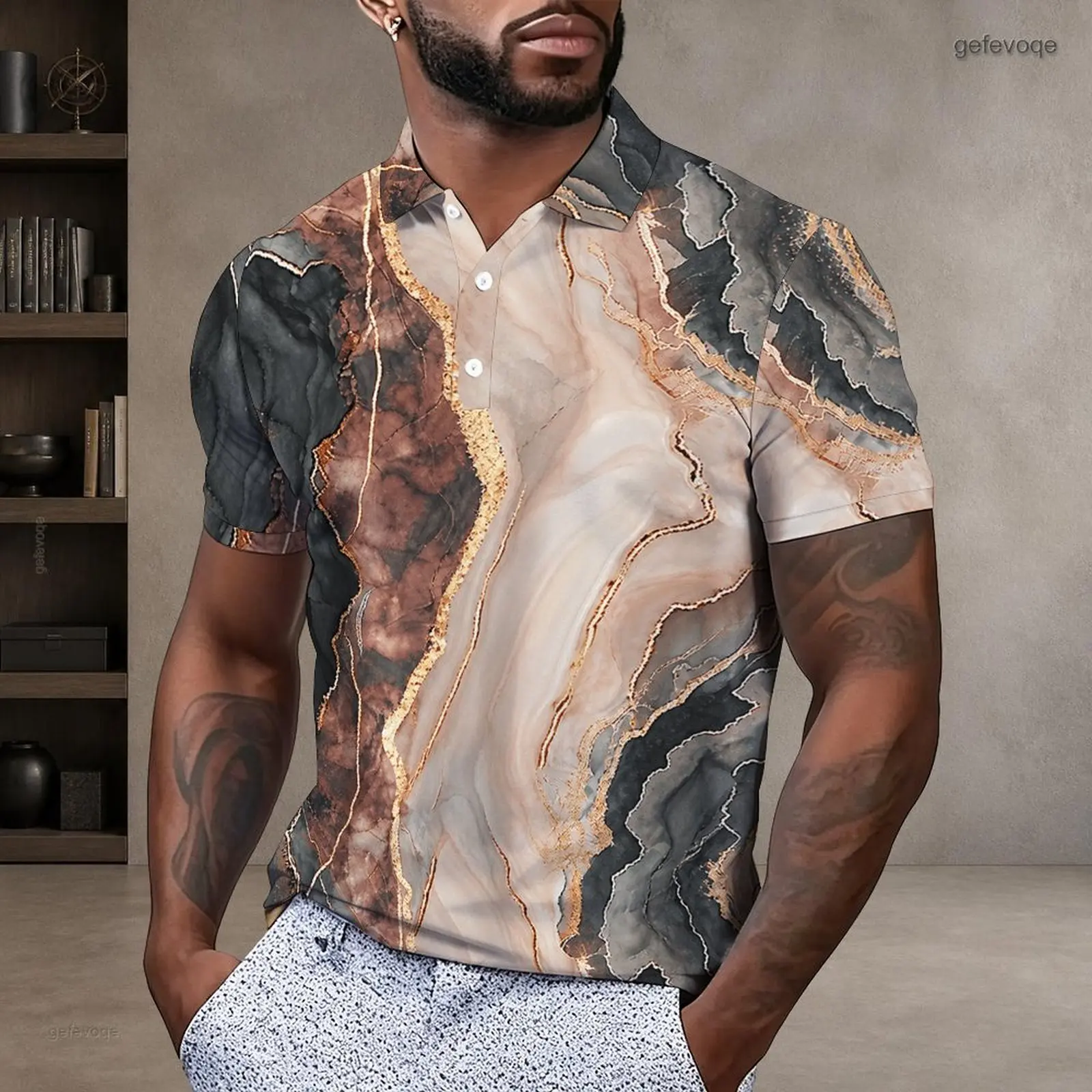 Men Printed Polo Shirt Short Sleeve Collared Neck Button Placket