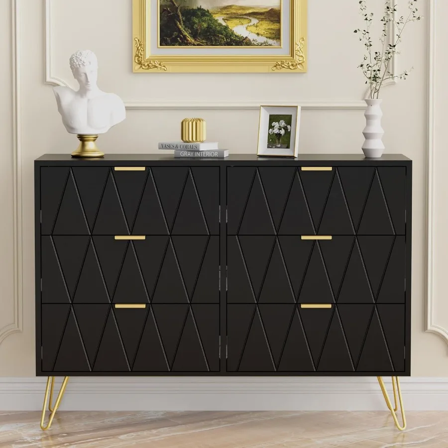 Black 6 Drawer Dresser Modern Dresser Chest with Wide Drawers and Metal Handles Wood Storage Chest of Drawers for Bedroom Hallw