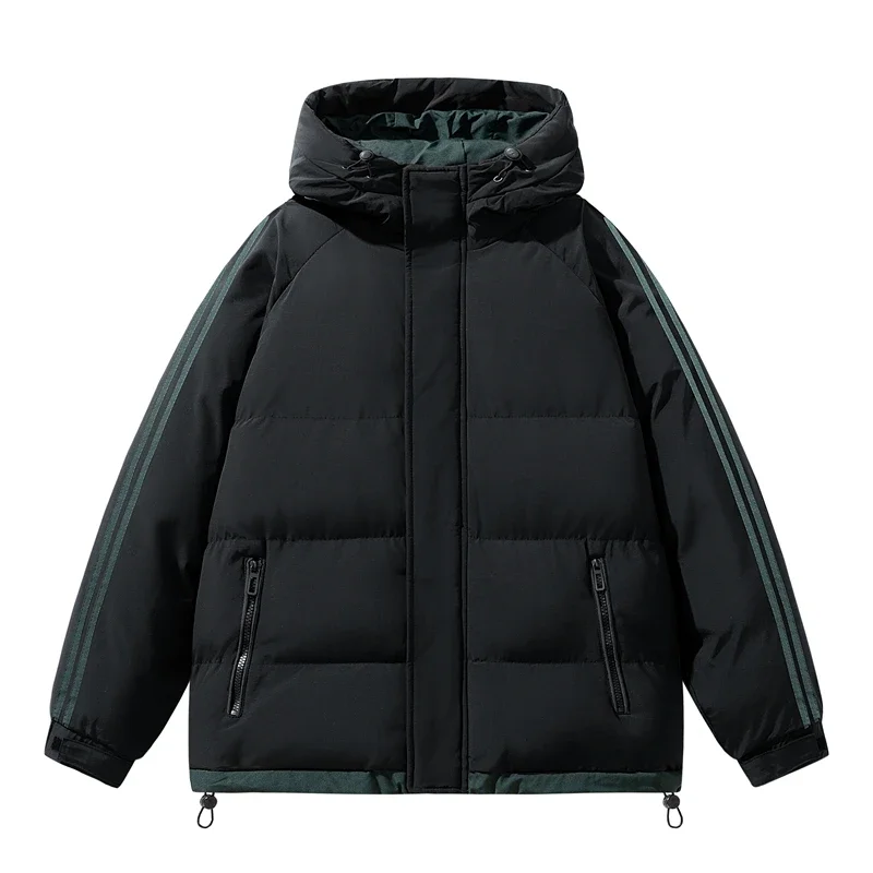 Men Women Vintage Hooded Puffer Jacket Streetwear Thick Warm Winter Coat Side Stripes Casual Oversized Outerwear