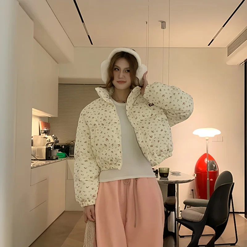 Jaqueta acolchoada de algodão de pão floral doce da menina engrossar estilo coreano outono inverno feminino estudante quente solto casaco puffer jaqueta