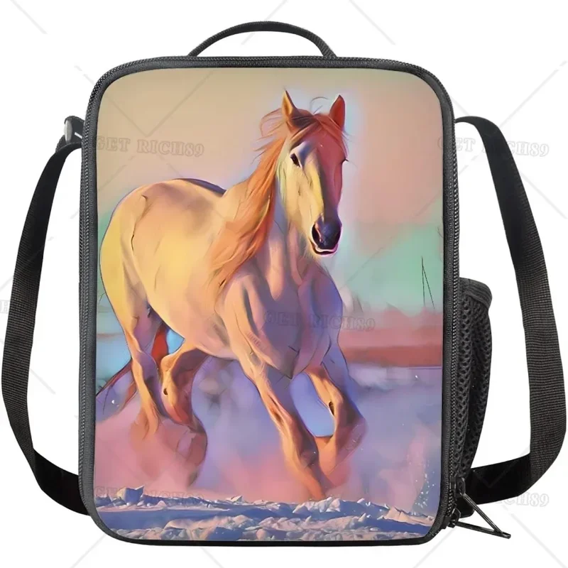 Sacs à lunch isothermes cheval blanc pour femmes et hommes, boîte à lunch imprimée animal cheval 3D, sac fourre-tout portable réutilisable pour le travail et l'école