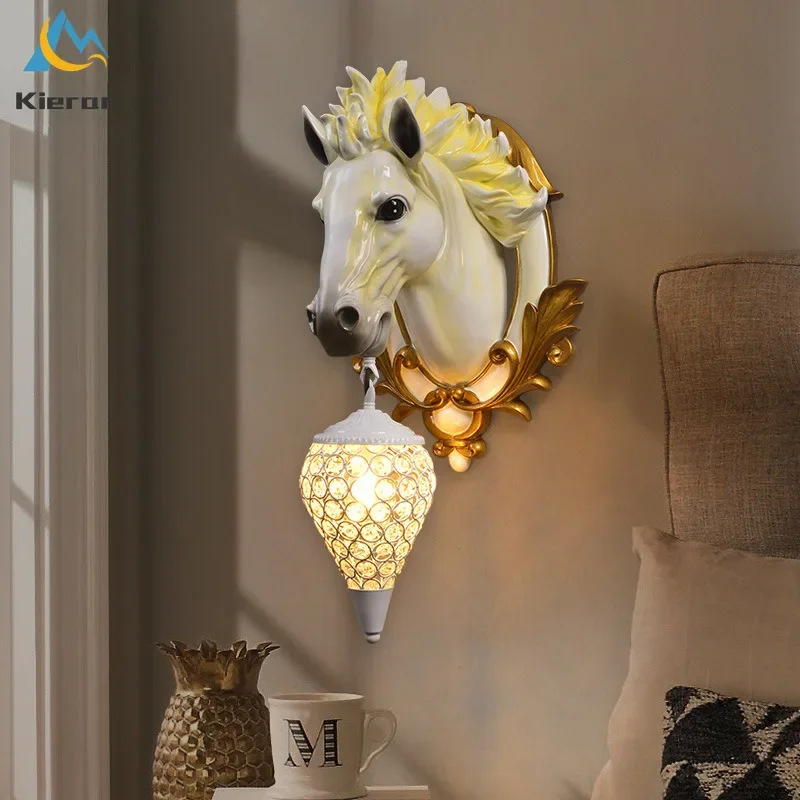 Nordic Modern Horsehead LED Wall Lamp Bedroom Study Restaurant KTV Bedside Crystal Wall Lights Living Room Decor Resin Wall Lamp