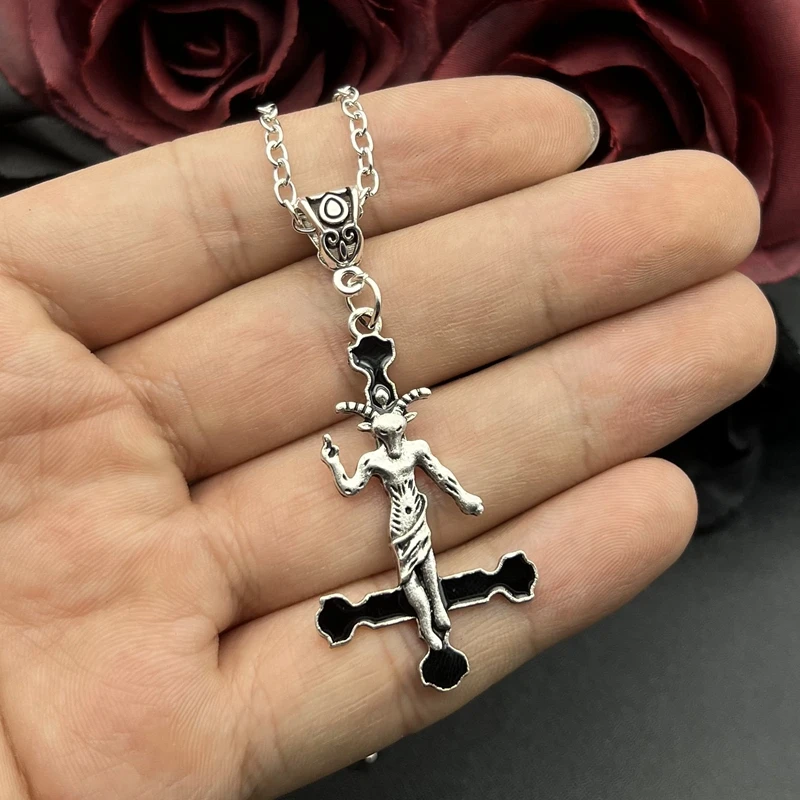 Goth Satanic Baphomet Inverted Cross Pendant Necklace Upside Down Cross Satan Demon Devil Lucifer Jewelry