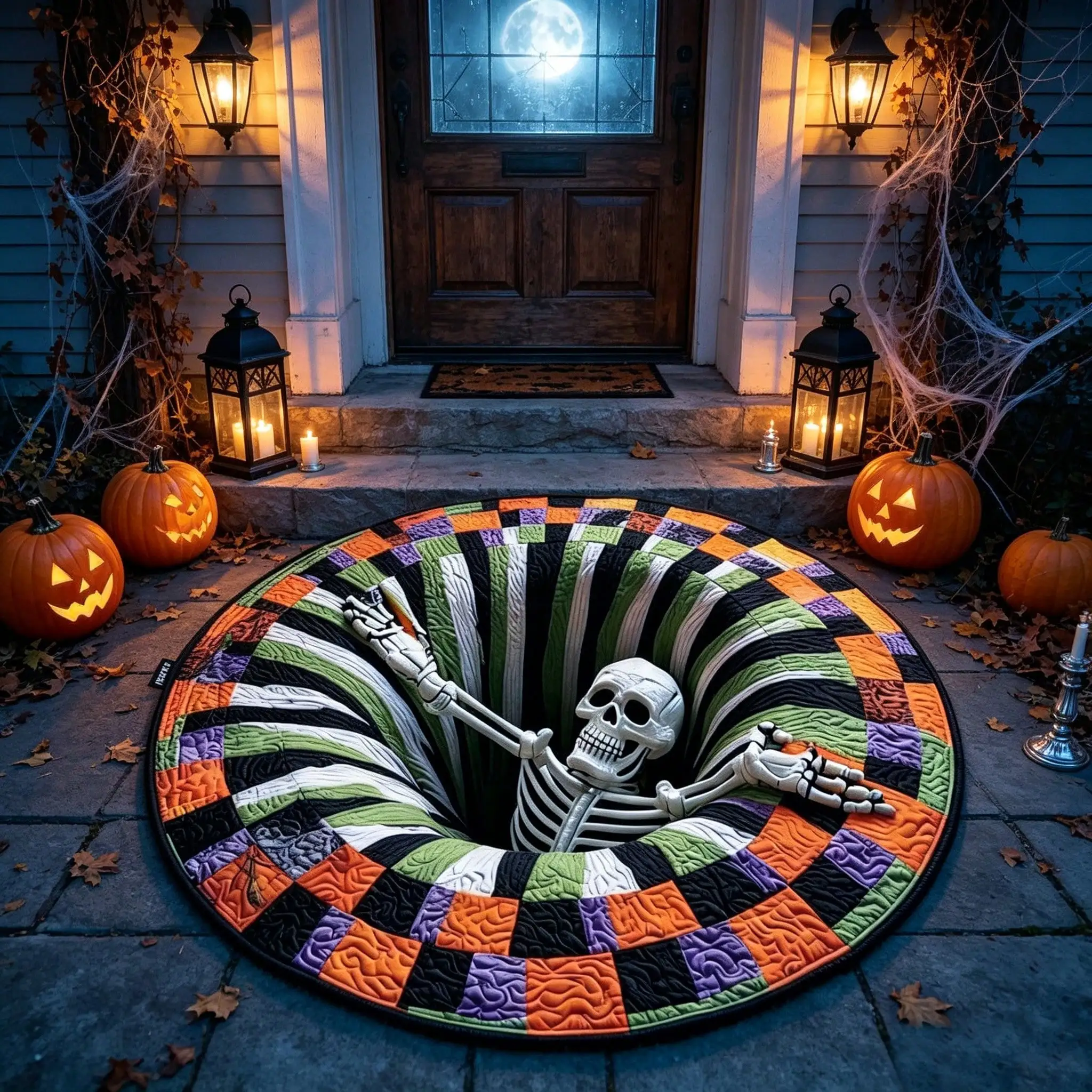 1pcs Halloween Skeleton Abyss 3D Optical Illusion Round Rug, Quilted Color Block Non Slip Washable Circular Mat, Halloween Indoor Outdoor Home Decor Carpet