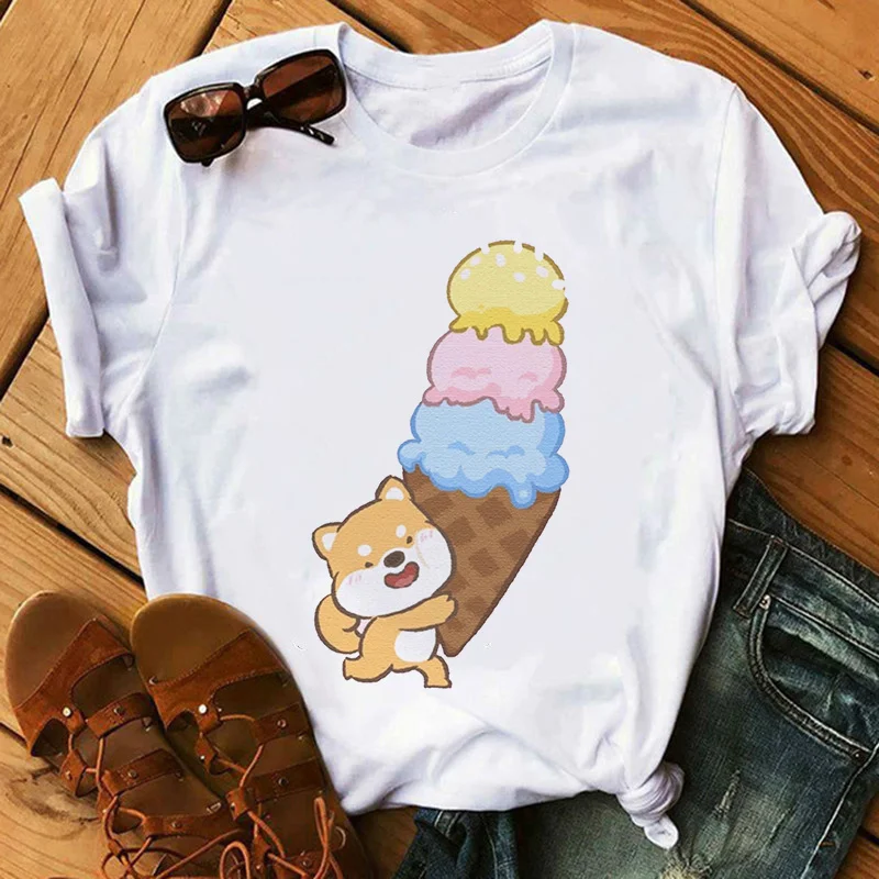 Shiba Inu Graphic Print T-shirt Women Harajuku Aesthetic White Tops Y2k Top Tshirt 2022 New Korea Fashion Casual Female T Shirt