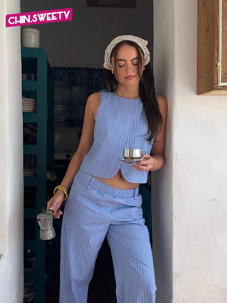 

Striped Single Breasted Pants Suit Women Elegant Round Neck Sleeveless Slim Fit 2 Piece Set 2025 New Summer Daily Holiday Outfit