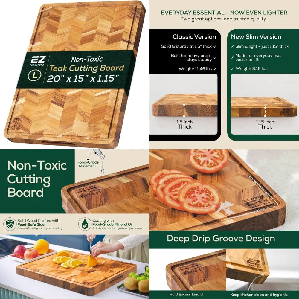 

Large Herringbone Edge Grain Teak Wood Cutting Board with Juice Groove and Handles, Pre-Oiled, Food Grade, Serving and Chopping