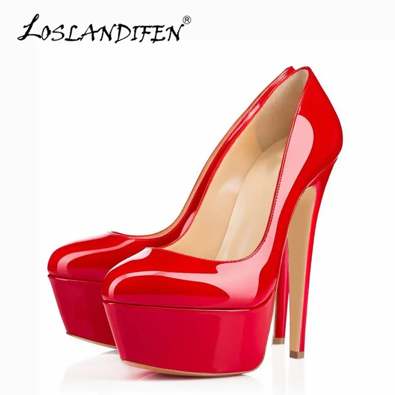 2024 Fashion Women Pumps 14cm Extremely Platform High Heels Sexy Patent Leather Red Black Wedding Party Shoes Stiletto Plus Size