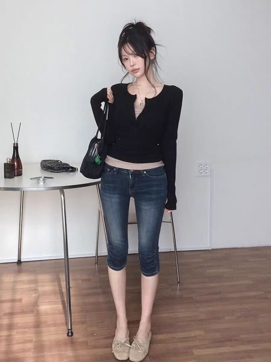 

Slim Fit Pleated Denim Jeans Women's Summer Tightening Butt Lifting Versatile Seven-Quarter Length Pants Natural Waist