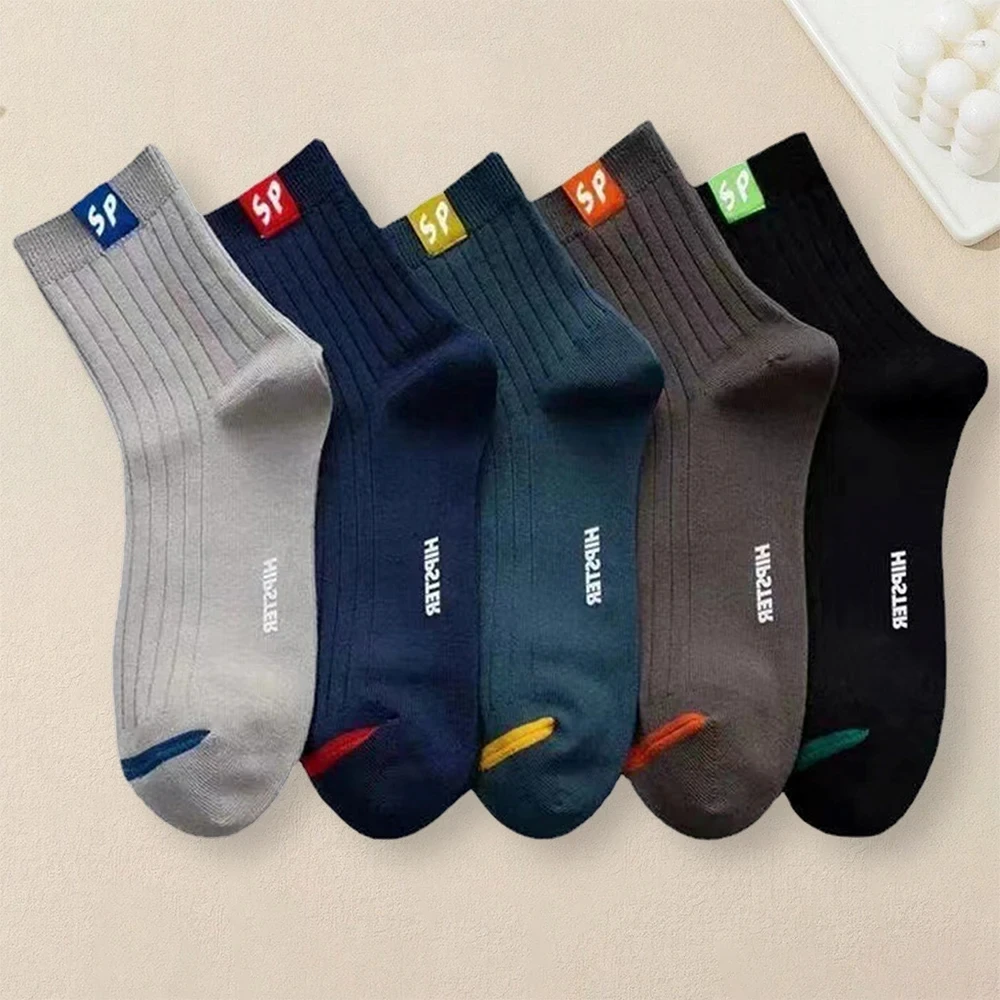 5 Pairs Fashionable Versatile Men Mid Length Socks With Trendy Letters Comfortable Soft Lightweight Breathable Casual Socks