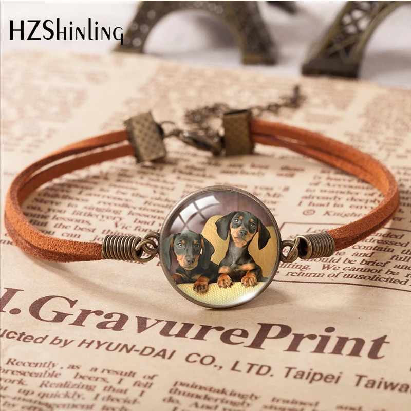 Dachshund Dogs Animal Pet Pattern Leather Bracelets Art Accessories Glass Cabochon Fashion Jewelry Gift