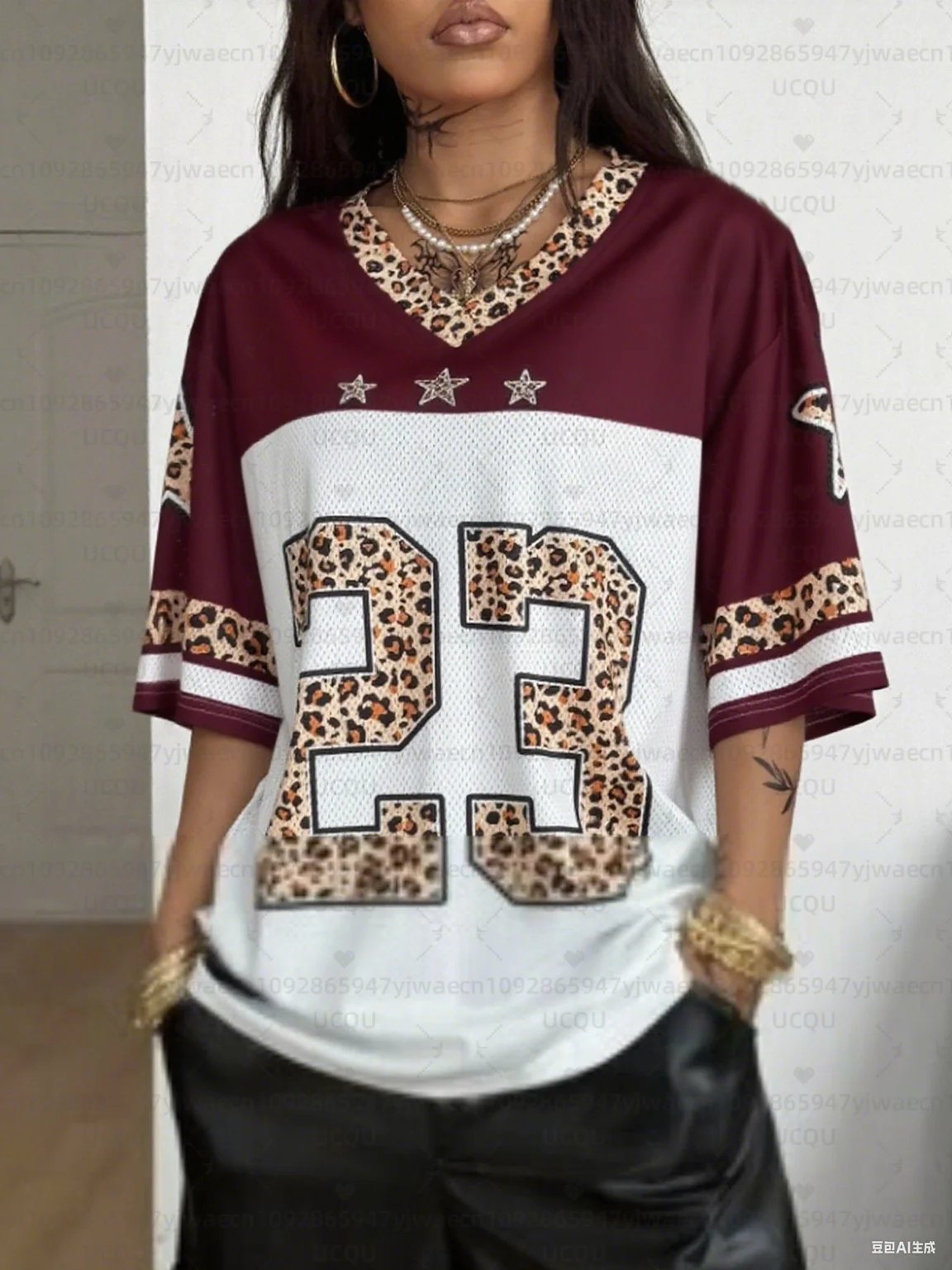 เสื้อยืดสปอร์ตคอวีลายเสือดาวสไตล์ Y2K สำหรับผู้หญิง รุ่น NO. เสื้อยืดตาข่ายแขนตกสไตล์ลำลองสำหรับฤดูร้อน 23 แบบ