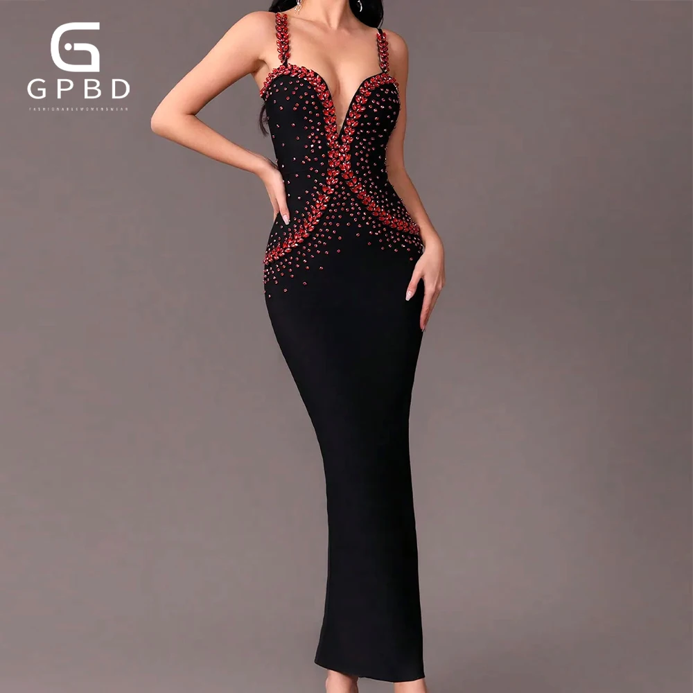 

GPBD Luxury Diamond Spaghetti Strap Backless Design V-Neck Sexy Celebrity Cocktail Party Bandage Long Dress