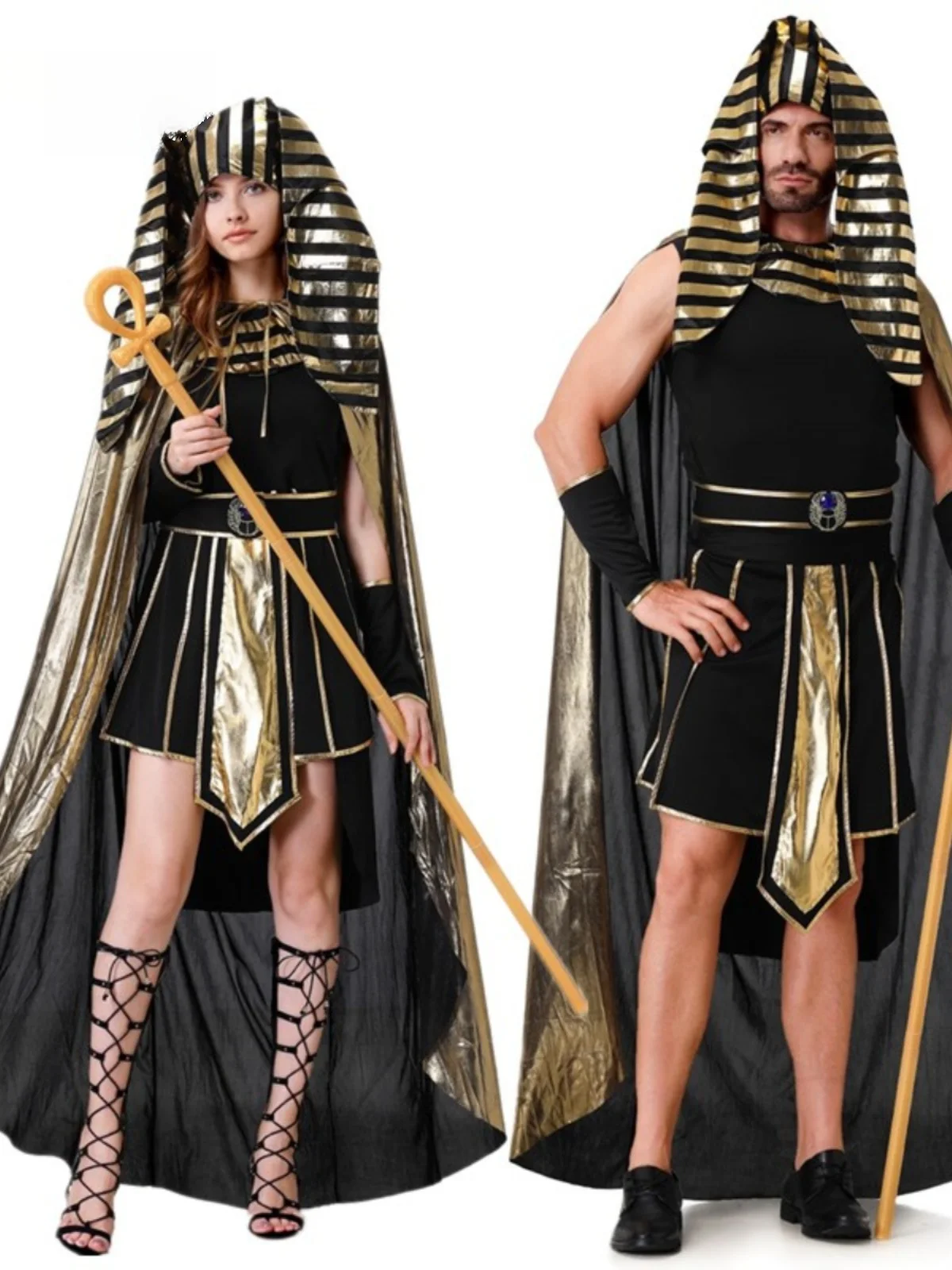 Disfraz de rey y reina del faraón de Halloween, vestido largo para pareja, traje de mujer de diosa egipcia antigua, fibra de poliéster