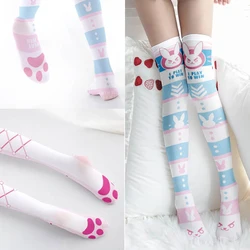 Fashion Rabbit Cat Paw Pink Blue Stockings Female Bow Love Cute Kawaii Girl Stocking Women Sexy Knee Thigh High Stocking