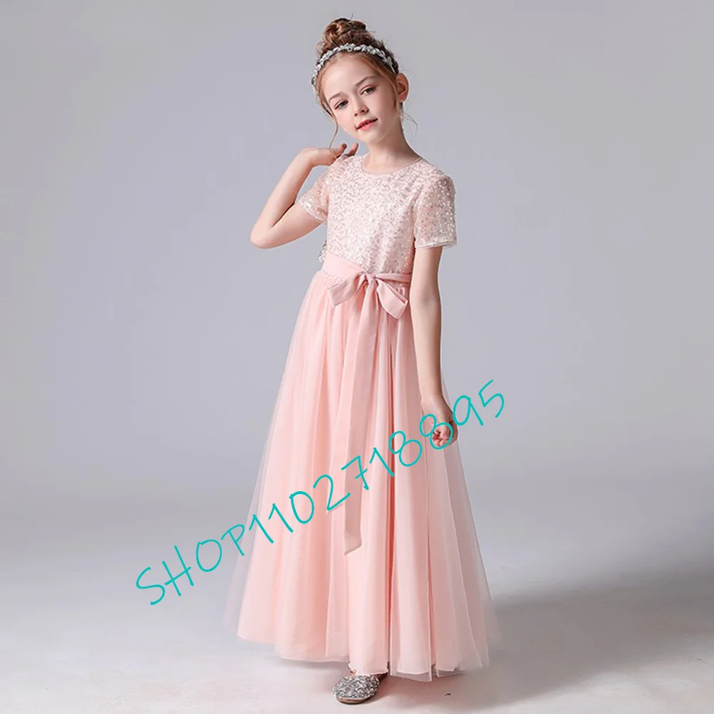 Long Sequined Flower Girl Dress Tulle Short Sleeves Evening Party Dresses Junior Bridesmaid Girls Birthday Gowns