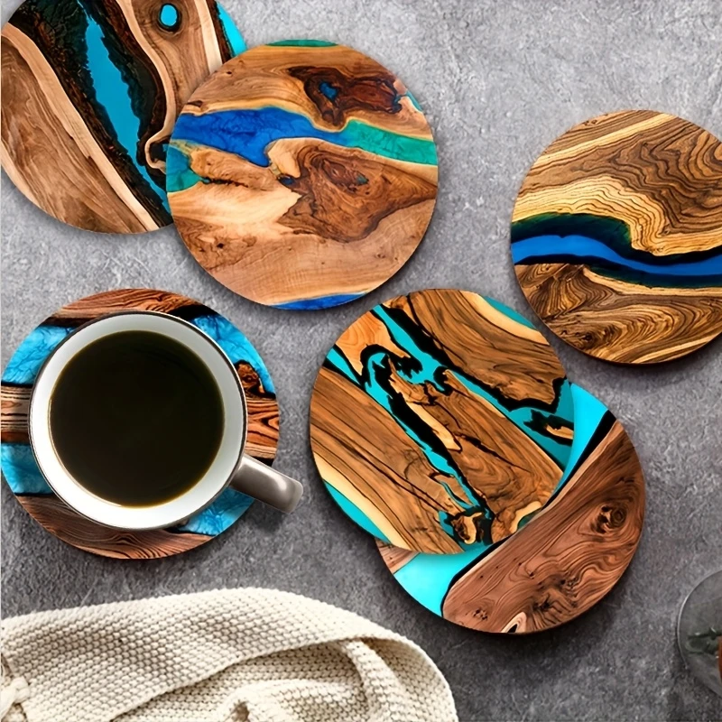 2D Wood Grain Table Protector with Blue and Green Padding for Coffee Shops Offices Coaster Restaurants Birthday Gifts