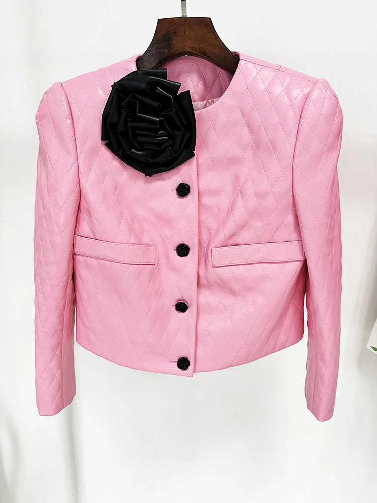 Pink Leather Cropped Jacket Outfit for Women Wedding 2024 Designer Rose Buttons Flowers Diamond Pattern Leather Short Jacket