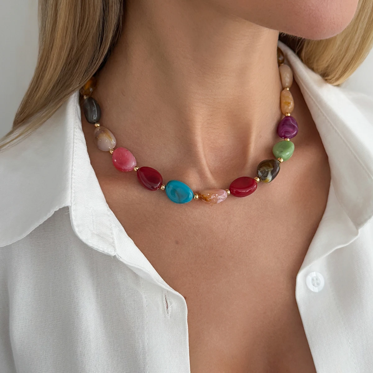 Ingemark Bohemian Colorful Acrylic Resin Beaded Choker Necklace for Women Vintage Adjustable Short Necklace Jewelry Accessories